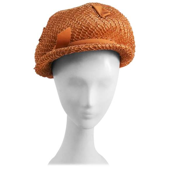VINTAGE 1960s Straw Cap w/ Grosgrain Ribbon Detail